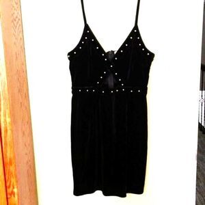 Caren Forbes Black Velvet Dress with Spaghetti Straps Gold Accents,  Size Medium